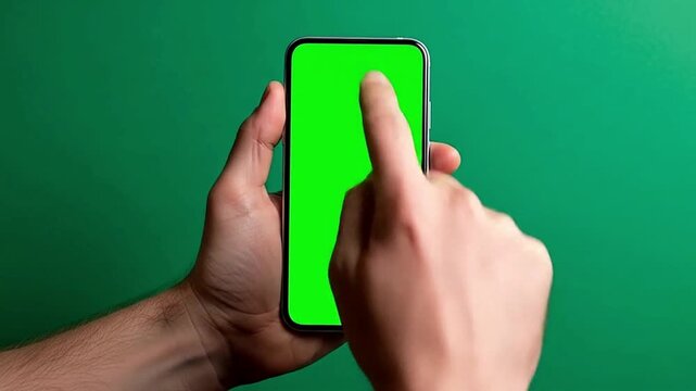 Holding a green screen phone for an app promo or software tutorial video backdrop