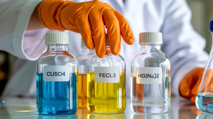 Labeled chemical solutions in laboratory bottles chemicals glass