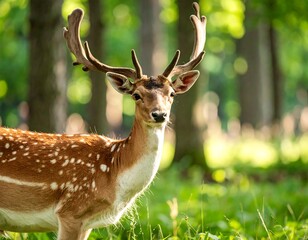Naklejka premium Fallow Deer in Forest, Summer Sunlight