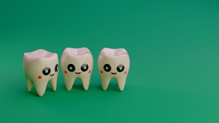 Fototapeta premium Three tooth characters with eyes and small mouths standing together on green background with reflections on the floor and copy space on the right side