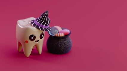 Tooth character with witch hat near cauldron with candies on background in color pink with copy...