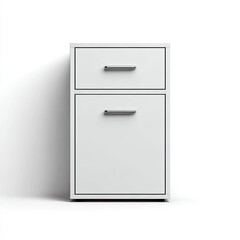 White cabinet with two drawers and metal handles white background