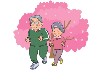 桜並木をジョギングする高齢夫婦
