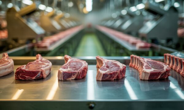 Raw meat cuts, including lamb chops, on a stainless steel conveyor belt in a modern food processing plant