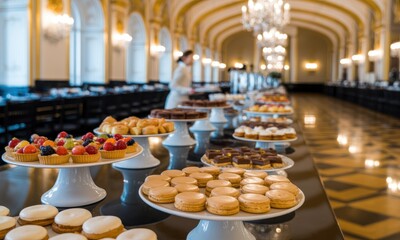 Lavish dessert buffet with assorted pastries, fruit tarts, and macarons in a grand ballroom