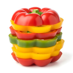 A fresh bell pepper composed of stacked, alternating slices of red, yellow, and green peppers.