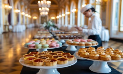 Naklejka premium Lavish dessert buffet with colorful macarons, tarts, and meringues in an elegant ballroom