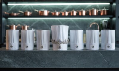 Seven pristine white chef hats, one adorned with a crown, lined up on a modern kitchen counter