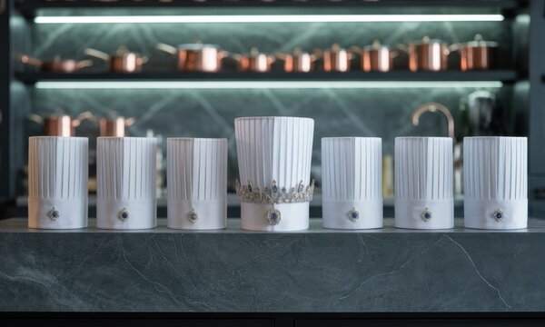 Seven pristine white chef hats, one adorned with a crown, lined up on a modern kitchen counter
