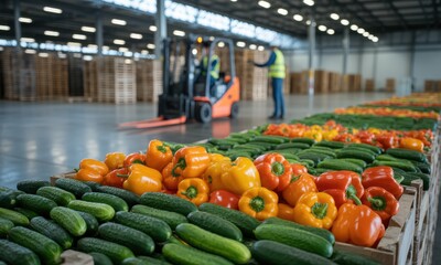 Fresh cucumbers and colorful bell peppers in crates at a modern food distribution warehouse