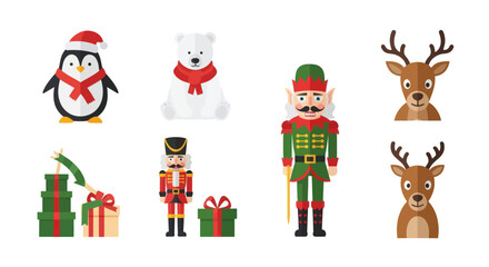 Fototapeta premium Festive Holiday Vector Illustration with Penguin, Polar Bear, Nutcrackers and Reindeer