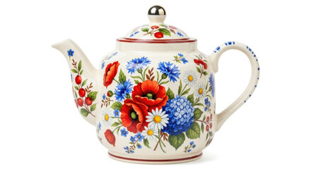 Decorative floral teapot with colorful red poppies blue cornflowers and hydrangeas isolated