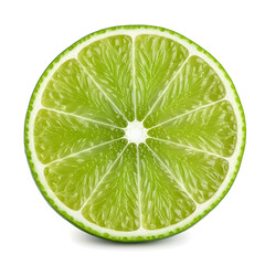 A fresh, vibrant green lime cut in half, showing a detailed cross-section of its juicy pulp on a white background.