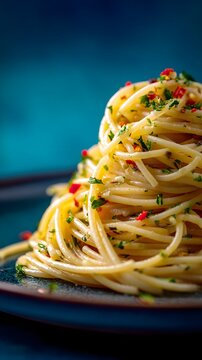 Spaghetti Aglio e Olio on a Dark Plate with Pink Background