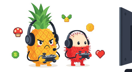 Fototapeta premium Playful Pineapple And Rambutan Characters Enjoying Gaming Together In A Cartoon Illustration