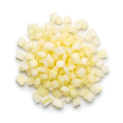 A pile of finely chopped raw white and yellow onion, diced into small pieces and isolated on a white background.