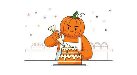 Pumpkin Chef Decorating a Layered Cake with Frosting for a Festive Celebration
