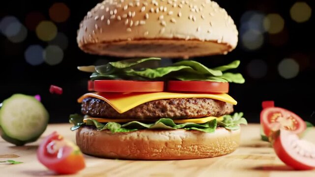 Delicious burger assembly with fresh ingredients falling onto a wooden table