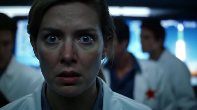 Female scientist with a shocked expression in a control room during a critical space mission.