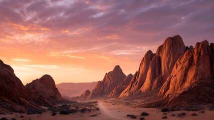 A cinematic desert canyon illuminated by sunset