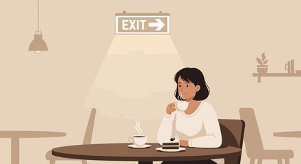 Fototapeta premium Quiet Moment In Cafe, Sipping Coffee, Enjoying Cake Observing The Exit Sign While Resting Indoors