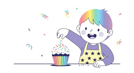 Rainbow Cupcake Celebration With Cheerful Chef Adorning Delightful Dessert
