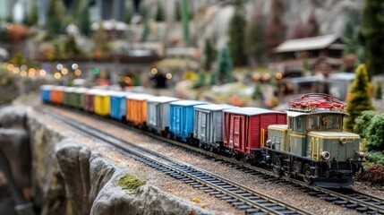 Miniature train model with colorful freight cars on tracks model railway scene