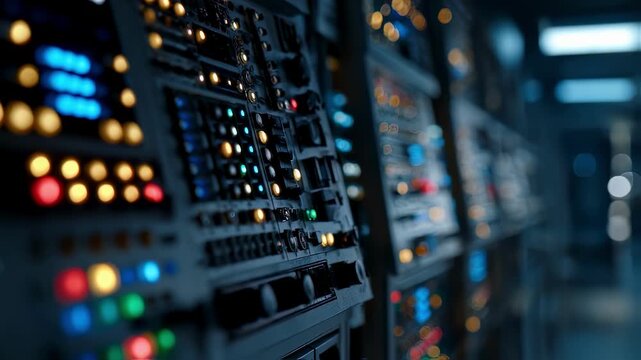 Medium shot of a quantum computing control panel with vibrant blinking indicators in focus set against a dimmed hightech research facility.