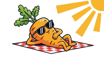 Relaxed Carrot Enjoying Sunshine and Resting, Fun Cartoon Illustration Art Design