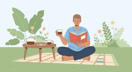 Man Enjoys Reading And Beverages In Tranquil Outdoor Setting At Leisure