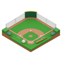 3D miniature baseball field with bat, ball, and bases, sport illustration concept.