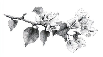 Detailed pen and ink drawing of a flowering bougainvillea branch against white background