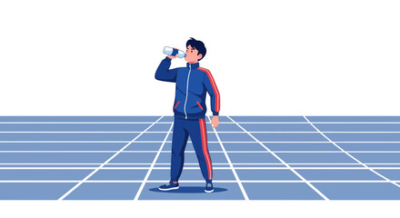 Runner Resting And Hydrating While Standing On Training Track With Water Bottle