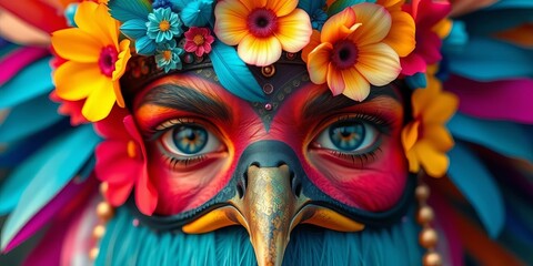 Eyes obscured by vibrant floral and feather headdress, blindfolded, celebration