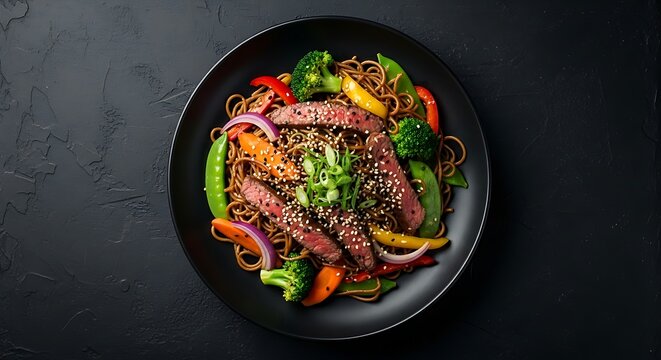 Delicious Asian beef stir-fry with fresh vegetables and noodles in a black bowl, top view.