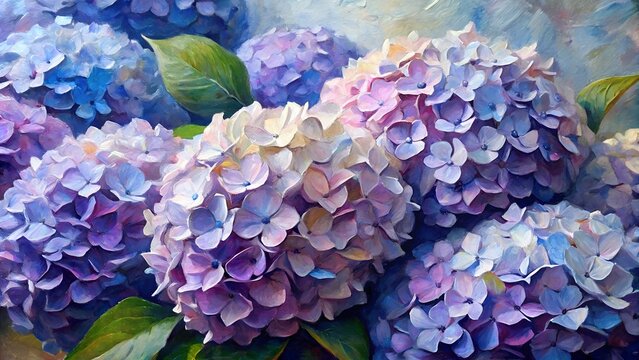Photo of closeup of beautiful purple and blue hydrangeas in full bloom, showcasing their delicate petals and vibrant colors on a sunny day, perfect for spring and summer floral themes