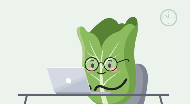 Smart Lettuce Working Diligently on a Laptop Computer near a Clock in a Clean Office Space