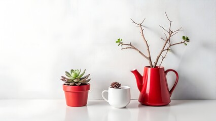 Photo of a minimalist composition of three potted plants in red and white containers against a clean white background, featuring succulents and branches
