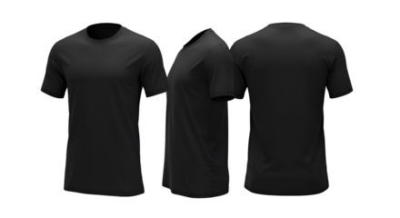 Three views of a black t-shirt: front, side, and back, displayed against a white background.