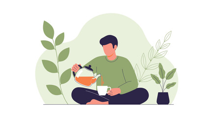 Person Enjoying Tea Infusion During Relaxation in Nature Focused Illustration