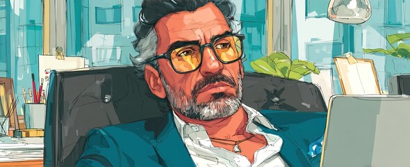 Thirties office worker with gray hair and glasses in blue suit sitting at modern advertising agency desk, comic-style bright colorful illustration