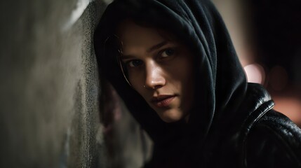 Hooded youth in a dark inner city alley facing hardship