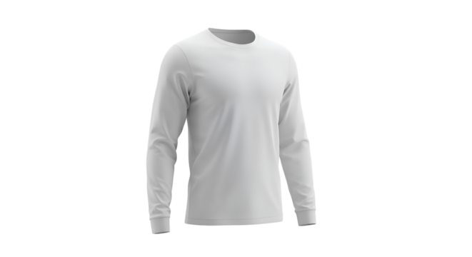 A plain, long-sleeved, white shirt isolated on a clean, white background, showing the garment's shape. - Powered by Adobe