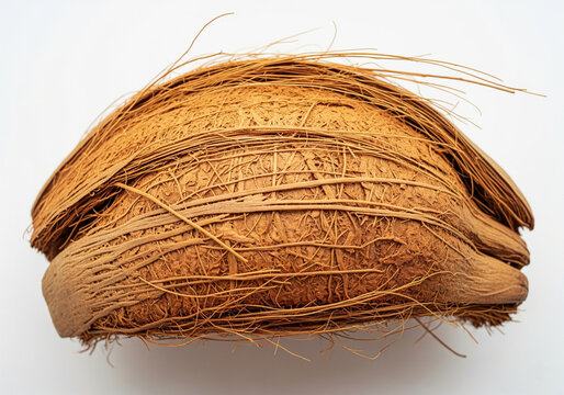 Close-up of coconut husk placed on white background, revealing its fibrous texture and golden brown tones.