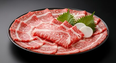Plate of thinly sliced raw marbled beef for Japanese sukiyaki or shabu-shabu hot pot.