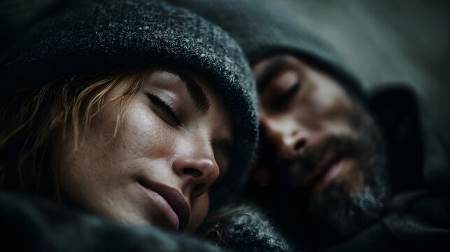 Homeless couple sleeping on pavement in the city at night