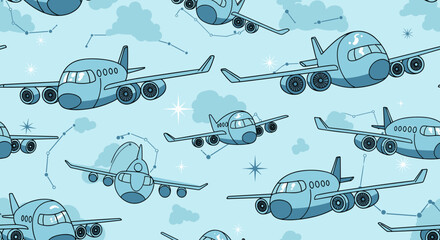 Whimsical cartoon airplanes soaring through a dreamy sky, perfect for children's projects