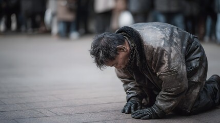Elderly homeless man bowing with respect in a struggle