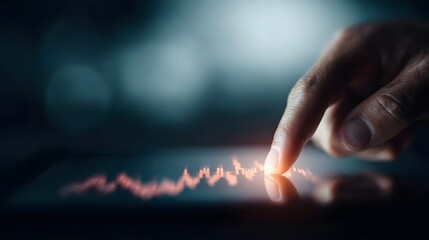 Fingers interacting with a rising financial graph on a tablet screen