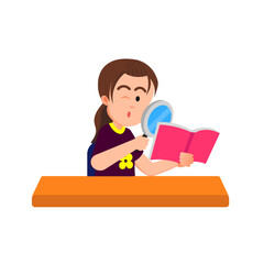 A little girl reads a book while using a magnifying glass
